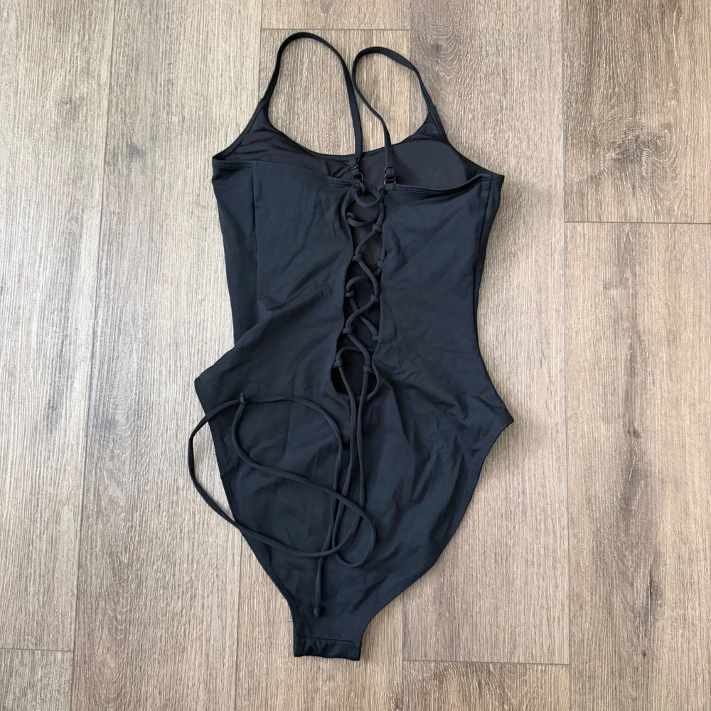 TR3 Swimsuit Women Medium Black Lace Up Back One Piece Swimwear Shapewear